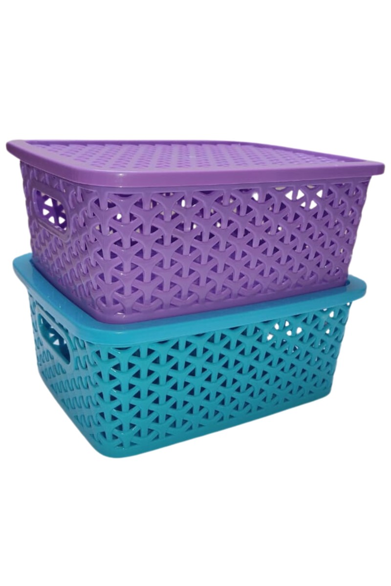 Hi Tech Sales Small Unbreakable Multipurpose Plastic Baskets with Lid for Fruit, Bathroom, Stationary, Home, Kitchen, Office (Rectangular, Color: Sky, Yellow) set of 2 (Violet)