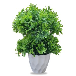 HiTechMart Artificial Green Topiary Plant in White Textured Pot – Realistic Faux Decorative Bush for Home, Office, and Indoor Décor