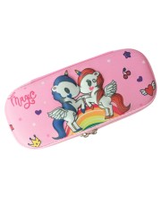 3D Hard Cover Large Capacity Waterproof Cute Pencil Case Stationery Cosmetic Box with Compartments Pencil Case for Kids Boys Cute Pen Pouch for Kindergarten and School (Pink Unicorns)