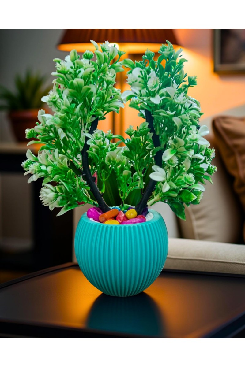 HI TECH Sales Artificial Potted Plant with Green Foliage & Decorative Stones – Faux Bonsai Tree in a Stylish Ribbed Ceramic Vase for Home & Office Décor