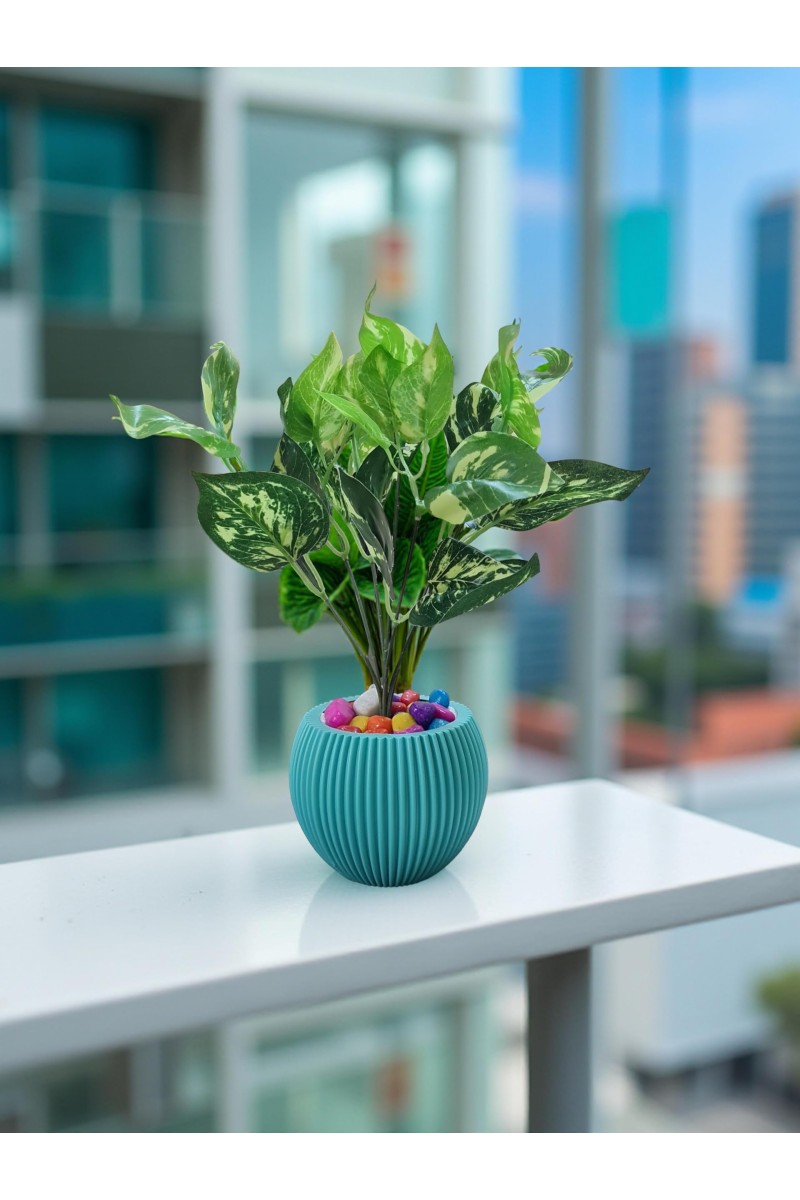 HiTechMart Artificial Money Plant with Decorative Pot – Realistic Green Potted Faux Plant with Colorful Pebbles – Indoor Home & Office Desk Decor – No Maintenance Required