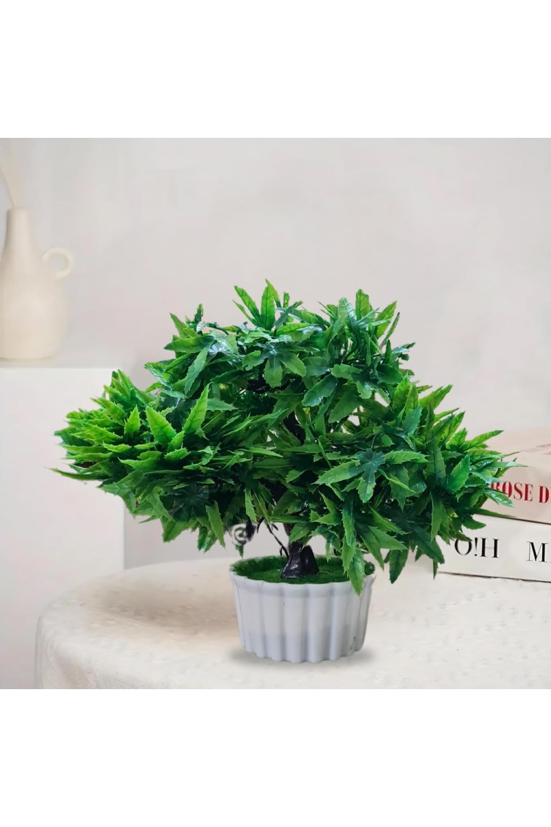 HiTechMart Artificial Green Bonsai Tree – Lifelike Faux Miniature Plant in White Pot for Home & Office Décor, Maintenance-Free Decorative Greenery