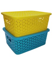 Hi Tech Sales Small Unbreakable Multipurpose Plastic Baskets with Lid for Fruit, Bathroom, Stationary, Home, Kitchen, Office (Rectangular, Color: Sky, Yellow) set of 2 (Yellow)
