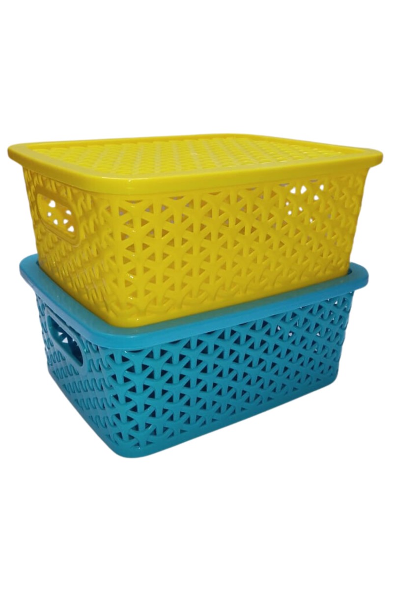 Hi Tech Sales Small Unbreakable Multipurpose Plastic Baskets with Lid for Fruit, Bathroom, Stationary, Home, Kitchen, Office (Rectangular, Color: Sky, Yellow) set of 2 (Yellow)