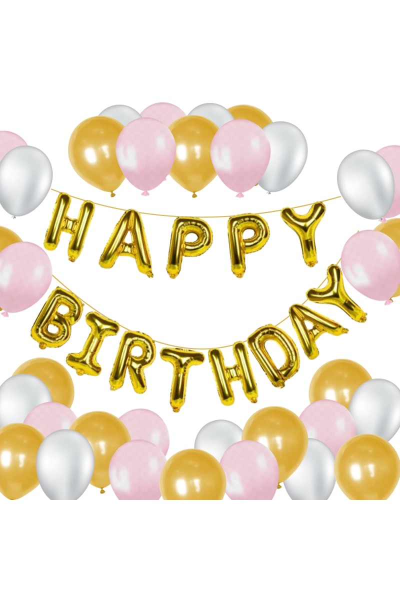 HitechSales Birthday Party Decoration Combo - Happy Birthday Foil Banner (13 Pcs), Latex Balloons (30 Pcs), Ribbon & Small Straw Pipe - Perfect Balloons for Birthday Decoration