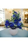 HiTechMart Elegant Blue Artificial Flower Arrangement in Textured White Ceramic Vase – Lifelike Faux Floral Décor for Home, Office, Living Room, and Gifting