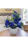 HiTechMart Elegant Blue Artificial Flower Arrangement in Textured White Ceramic Vase – Lifelike Faux Floral Décor for Home, Office, Living Room, and Gifting