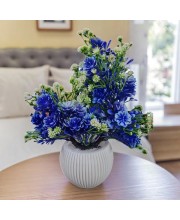 HiTechMart Elegant Blue Artificial Flower Arrangement in Textured White Ceramic Vase – Lifelike Faux Floral Décor for Home, Office, Living Room, and Gifting