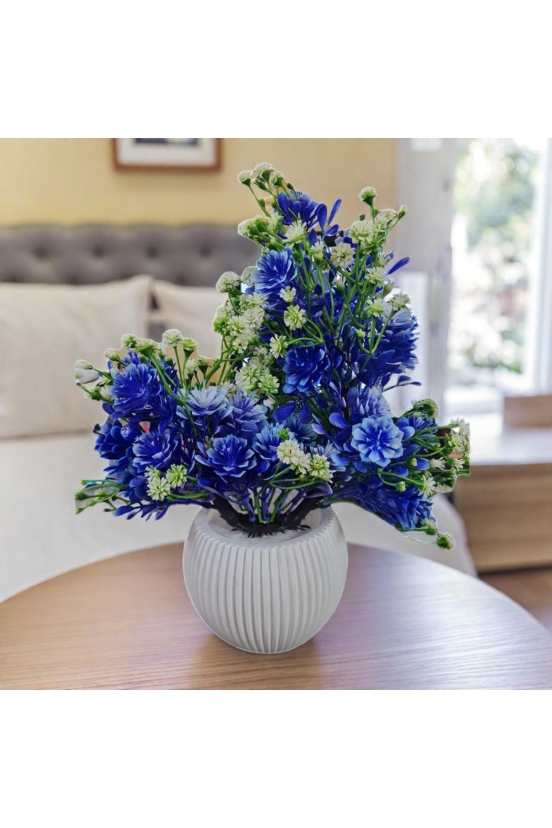 HiTechMart Elegant Blue Artificial Flower Arrangement in Textured White Ceramic Vase – Lifelike Faux Floral Décor for Home, Office, Living Room, and Gifting