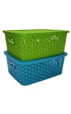 Hi Tech Sales Small Unbreakable Multipurpose Plastic Baskets with Lid for Fruit, Bathroom, Stationary, Home, Kitchen, Office (Rectangular, Color: Sky, Yellow) set of 2 (Green)