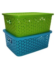 Hi Tech Sales Small Unbreakable Multipurpose Plastic Baskets with Lid for Fruit, Bathroom, Stationary, Home, Kitchen, Office (Rectangular, Color: Sky, Yellow) set of 2 (Green)