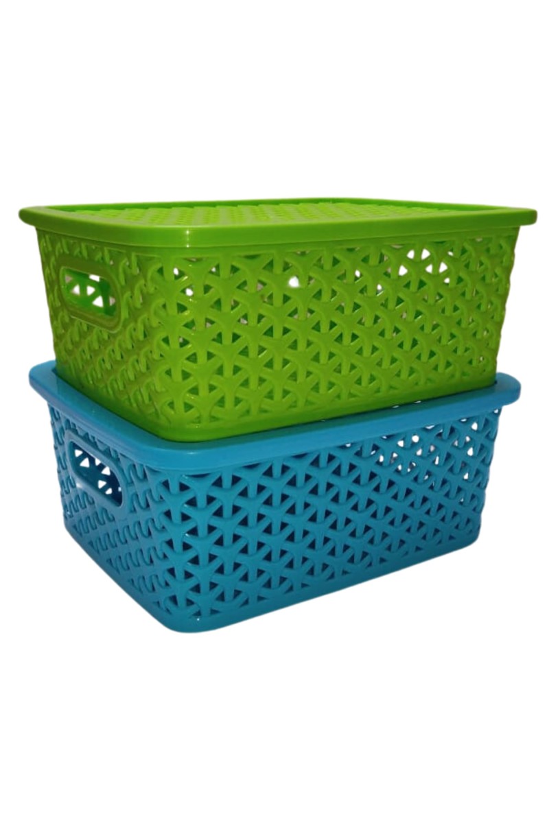 Hi Tech Sales Small Unbreakable Multipurpose Plastic Baskets with Lid for Fruit, Bathroom, Stationary, Home, Kitchen, Office (Rectangular, Color: Sky, Yellow) set of 2 (Green)