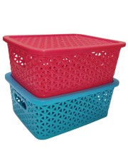 Hi Tech Sales Small Unbreakable Multipurpose Plastic Baskets with Lid for Fruit, Bathroom, Stationary, Home, Kitchen, Office (Rectangular, Color: Sky, Yellow) set of 2 (Red)