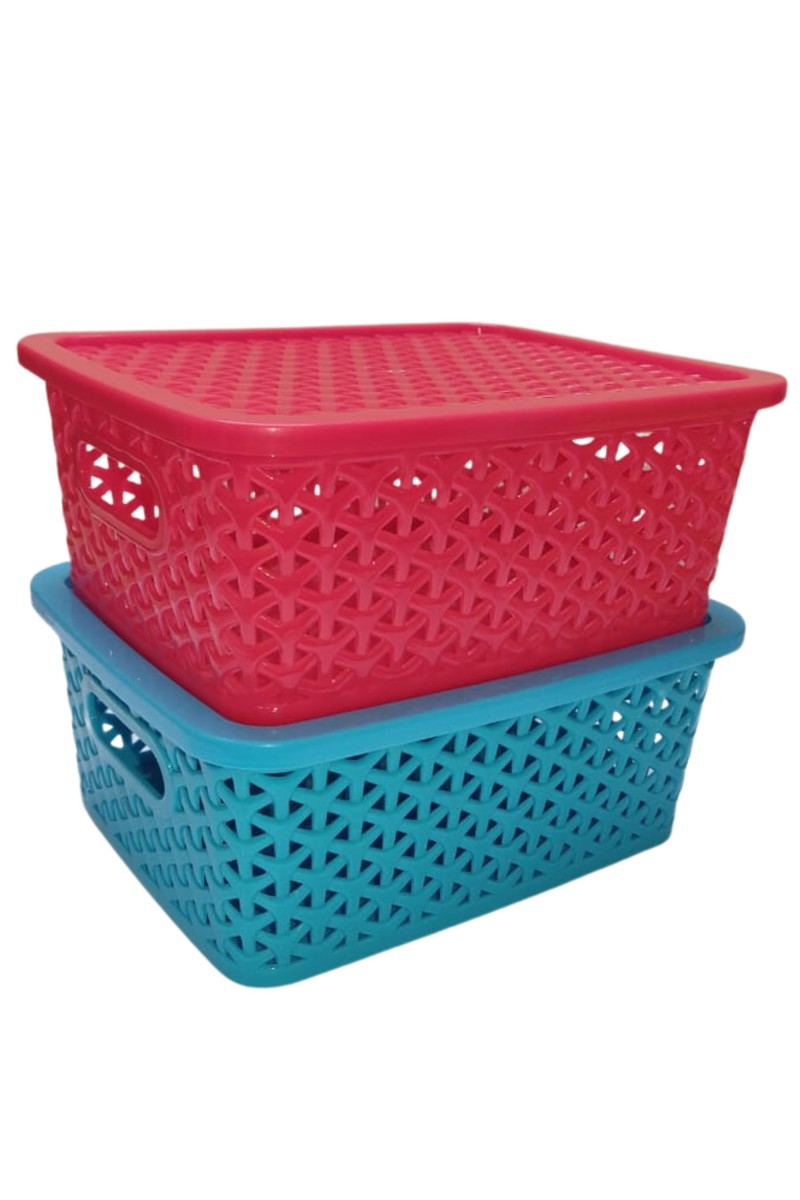Hi Tech Sales Small Unbreakable Multipurpose Plastic Baskets with Lid for Fruit, Bathroom, Stationary, Home, Kitchen, Office (Rectangular, Color: Sky, Yellow) set of 2 (Red)