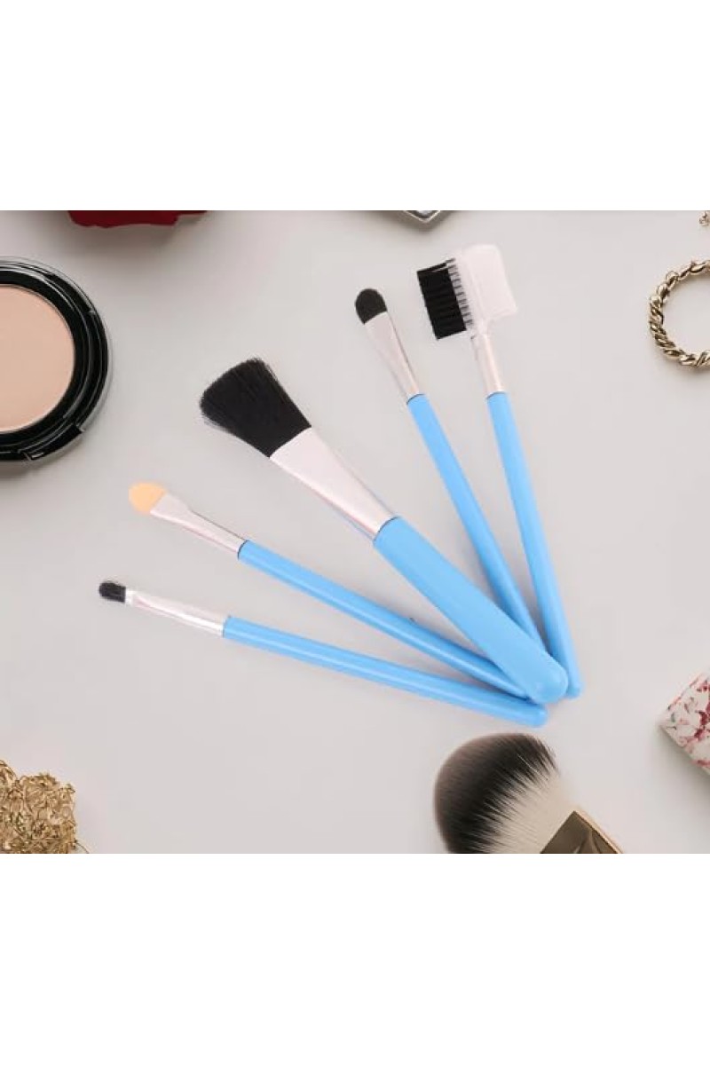 Makeup Brush Set of 5 â€“ Professional Face & Eye Brushes Kit with Soft Bristles | Foundation, Blush, Eyeshadow & Eyebrow Brushes | Lightweight Blue Handle Cosmetic Tools (3 Colors may vary)