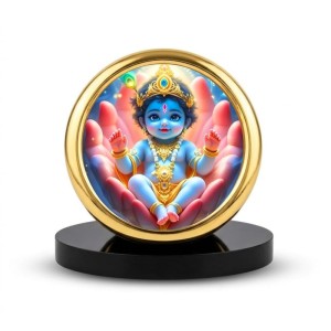 Car Desk/Table Top Little Krishna Metal Golden Photo Stand 2x2 Inches, Compact & Stylish Spiritual Display for Car, Home & Office (Pack of 1) (F18638)