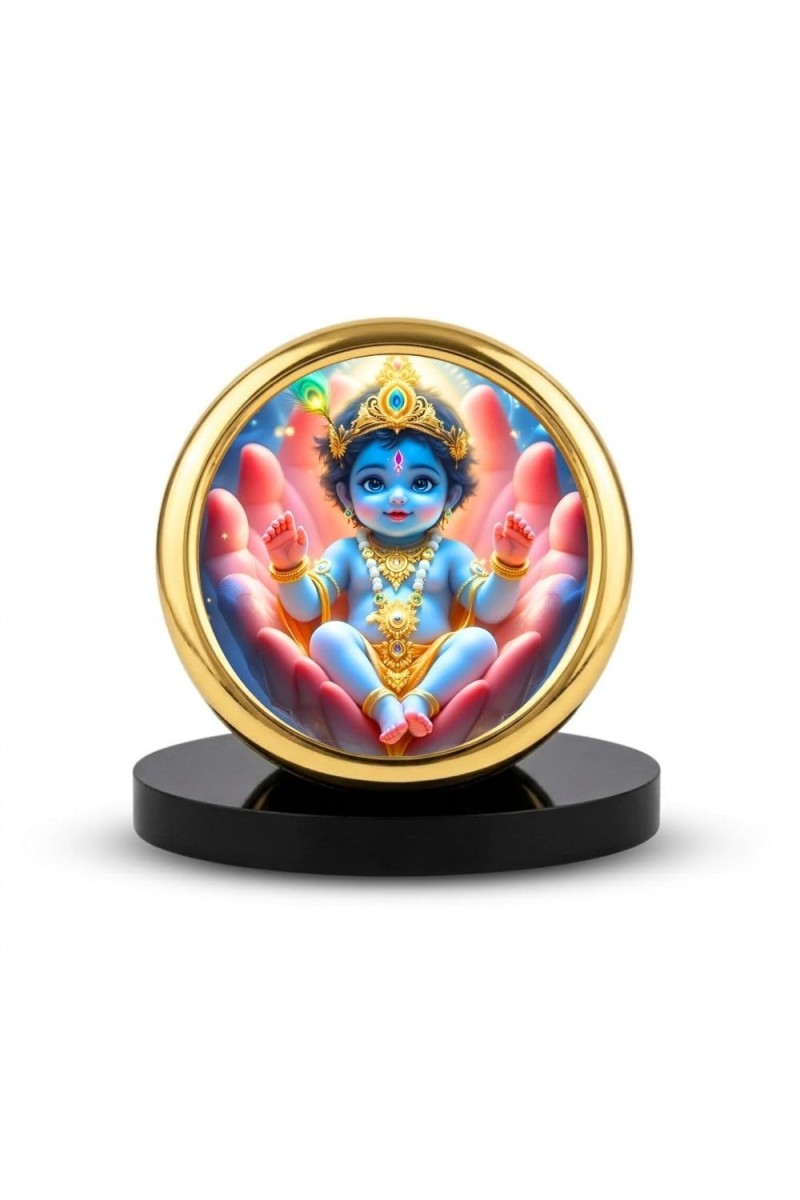 Car Desk/Table Top Little Krishna Metal Golden Photo Stand 2x2 Inches, Compact & Stylish Spiritual Display for Car, Home & Office (Pack of 1) (F18638)