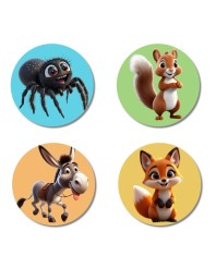 Spider, Squirrel, Donkey, and Fox. Fridge Magnets 4 Piece Set | 3 Inch Round Wall Fridge Decor (F22862)