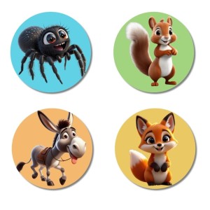 Spider, Squirrel, Donkey, and Fox. Fridge Magnets 4 Piece Set | 3 Inch Round Wall Fridge Decor (F22862) Spider, Squirrel, Donkey, and Fox. Fridge Magnets 4 Piece Set | 3 Inch Round Wall Fridge Decor (F22862)