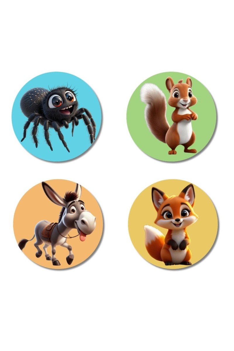 Spider, Squirrel, Donkey, and Fox. Fridge Magnets 4 Piece Set | 3 Inch Round Wall Fridge Decor (F22862)