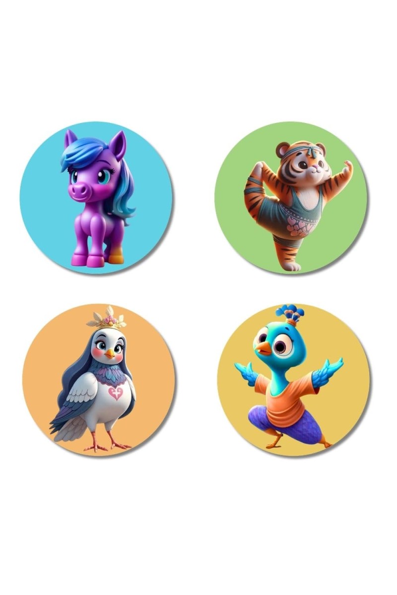 Pony, Bear, Sparrow, and Peacock Fridge Magnets 4 Piece Set | 3 Inch Round Wall Fridge Decor (F22906)