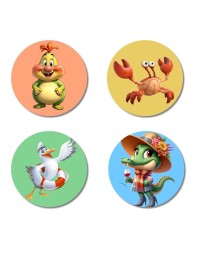 Chicken, Crab, Seagull, and Crocodile. Fridge Magnets 4 Piece Set | 3 Inch Round Wall Fridge Decor (F23040)