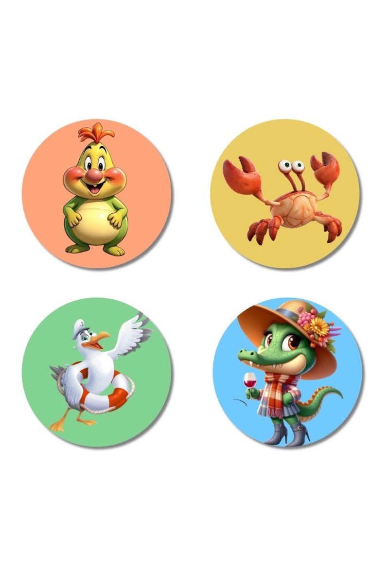 Chicken, Crab, Seagull, and Crocodile. Fridge Magnets 4 Piece Set | 3 Inch Round Wall Fridge Decor (F23040)