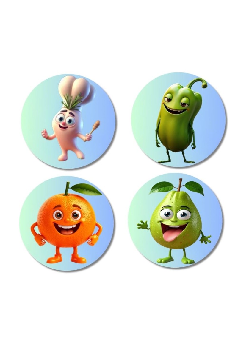 Garlic, Bitter Gourd, Orange, Guava Fridge Magnets 4 Piece Set | 3 Inch Round Wall Fridge Decor (F23300)
