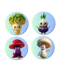 Broccoli, Onion, Mushroom, Mushroom Fridge Magnets 4 Piece Set | 3 Inch Round Wall Fridge Decor (F23305)