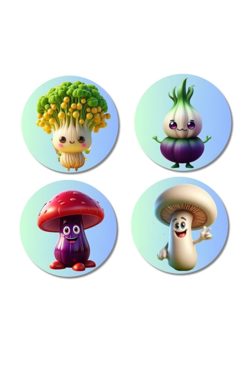 Broccoli, Onion, Mushroom, Mushroom Fridge Magnets 4 Piece Set | 3 Inch Round Wall Fridge Decor (F23305)