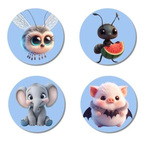Bee,ant,Elephant,Hamster Fridge Magnets 4 Piece Set | 3 Inch Round Wall Fridge Decor (F23151)