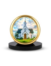 Car Desk/Table Top Beautiful Church Metal Golden Photo Stand 2x2 Inches, Compact & Stylish Spiritual Display for Car, Home & Office (Pack of 1) (F18727)