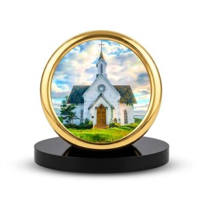 Car Desk/Table Top Beautiful Church Metal Golden Photo Stand 2x2 Inches, Compact & Stylish Spiritual Display for Car, Home & Office (Pack of 1) (F18727)