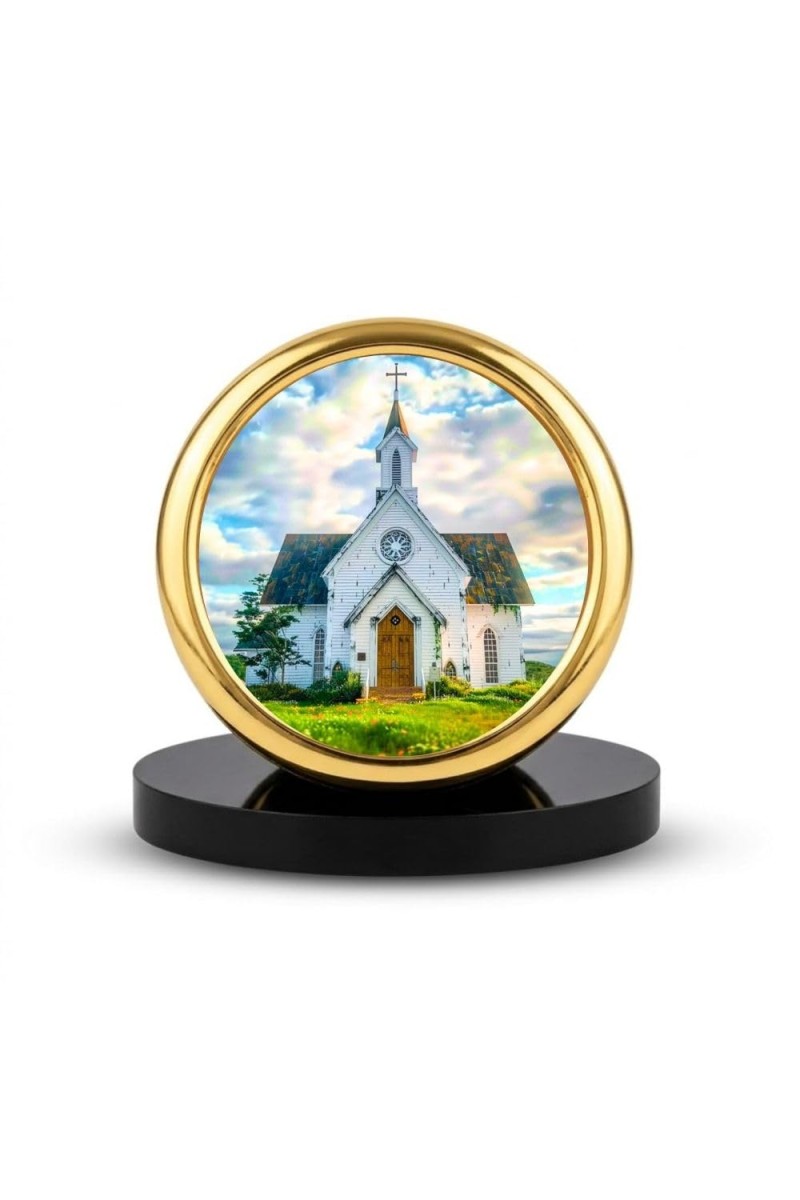 Car Desk/Table Top Beautiful Church Metal Golden Photo Stand 2x2 Inches, Compact & Stylish Spiritual Display for Car, Home & Office (Pack of 1) (F18727)