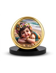 Car Desk/Table Top Little Krishna Metal Golden Photo Stand 2x2 Inches, Compact & Stylish Spiritual Display for Car, Home & Office (Pack of 1) (F18456)