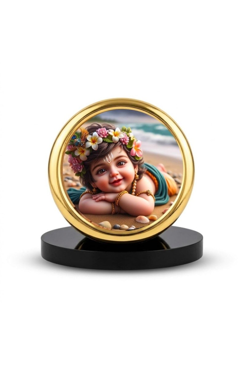 Car Desk/Table Top Little Krishna Metal Golden Photo Stand 2x2 Inches, Compact & Stylish Spiritual Display for Car, Home & Office (Pack of 1) (F18456)