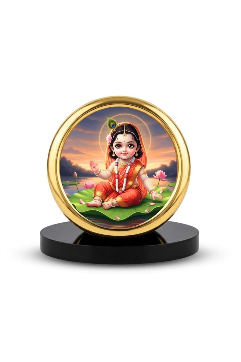Car Desk/Table Top Radha Metal Golden Photo Stand 2x2 Inches, Compact & Stylish Spiritual Display for Car, Home & Office (Pack of 1) (F18645)