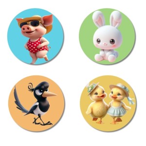 Pig, Rabbit, Magpie, and Ducklings. Fridge Magnets 4 Piece Set | 3 Inch Round Wall Fridge Decor (F22852) Pig, Rabbit, Magpie, and Ducklings. Fridge Magnets 4 Piece Set | 3 Inch Round Wall Fridge Decor (F22852)