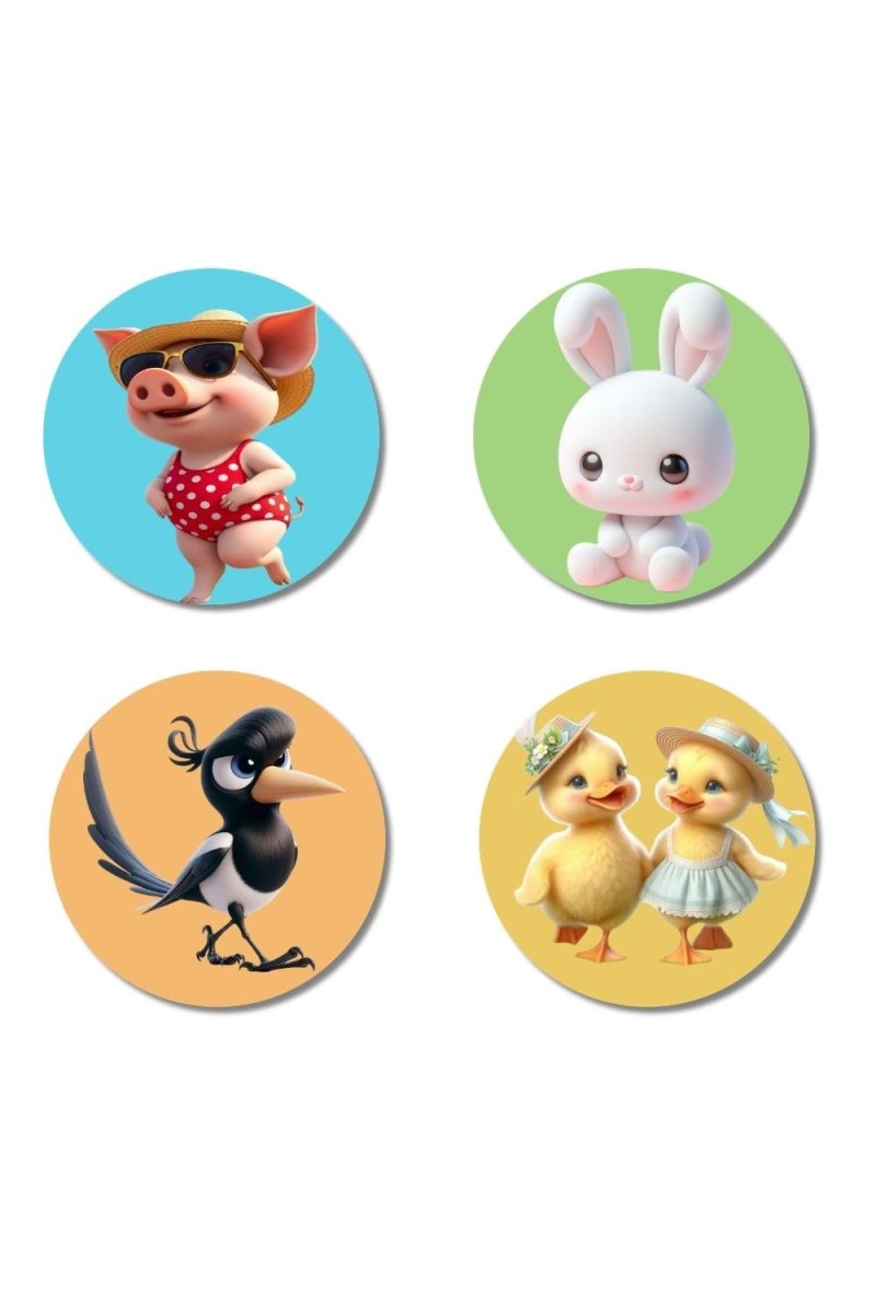 Pig, Rabbit, Magpie, and Ducklings. Fridge Magnets 4 Piece Set | 3 Inch Round Wall Fridge Decor (F22852)