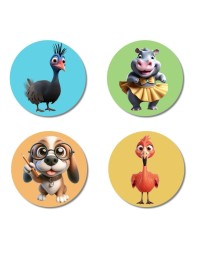 Ostrich, Hippo, Dog, and Chicken. Fridge Magnets 4 Piece Set | 3 Inch Round Wall Fridge Decor (F22901)