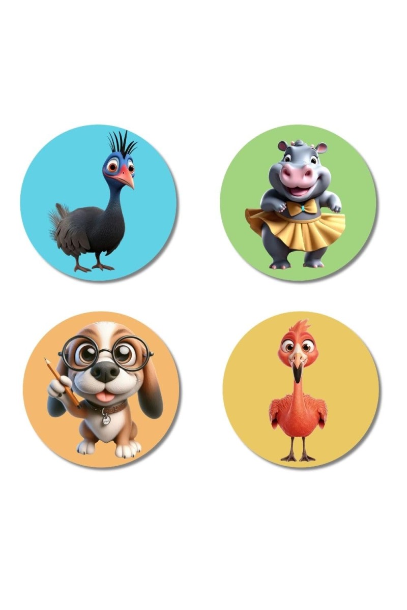 Ostrich, Hippo, Dog, and Chicken. Fridge Magnets 4 Piece Set | 3 Inch Round Wall Fridge Decor (F22901)
