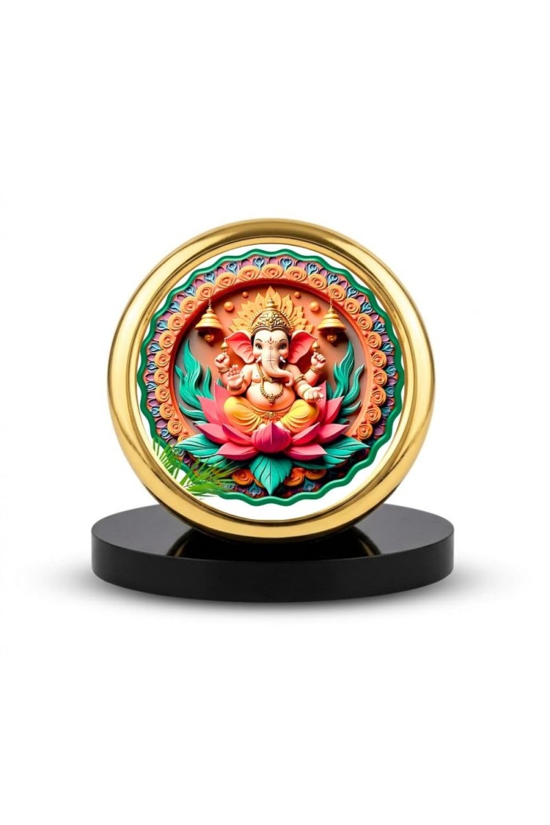 Car Desk/Table Top Lord Ganesha Metal Golden Photo Stand 2x2 Inches, Compact & Stylish Spiritual Display for Car, Home & Office (Pack of 1) (F18895)
