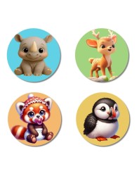 Rhino, Deer, Red Panda, and Puffin. Fridge Magnets 4 Piece Set | 3 Inch Round Wall Fridge Decor (F22873)