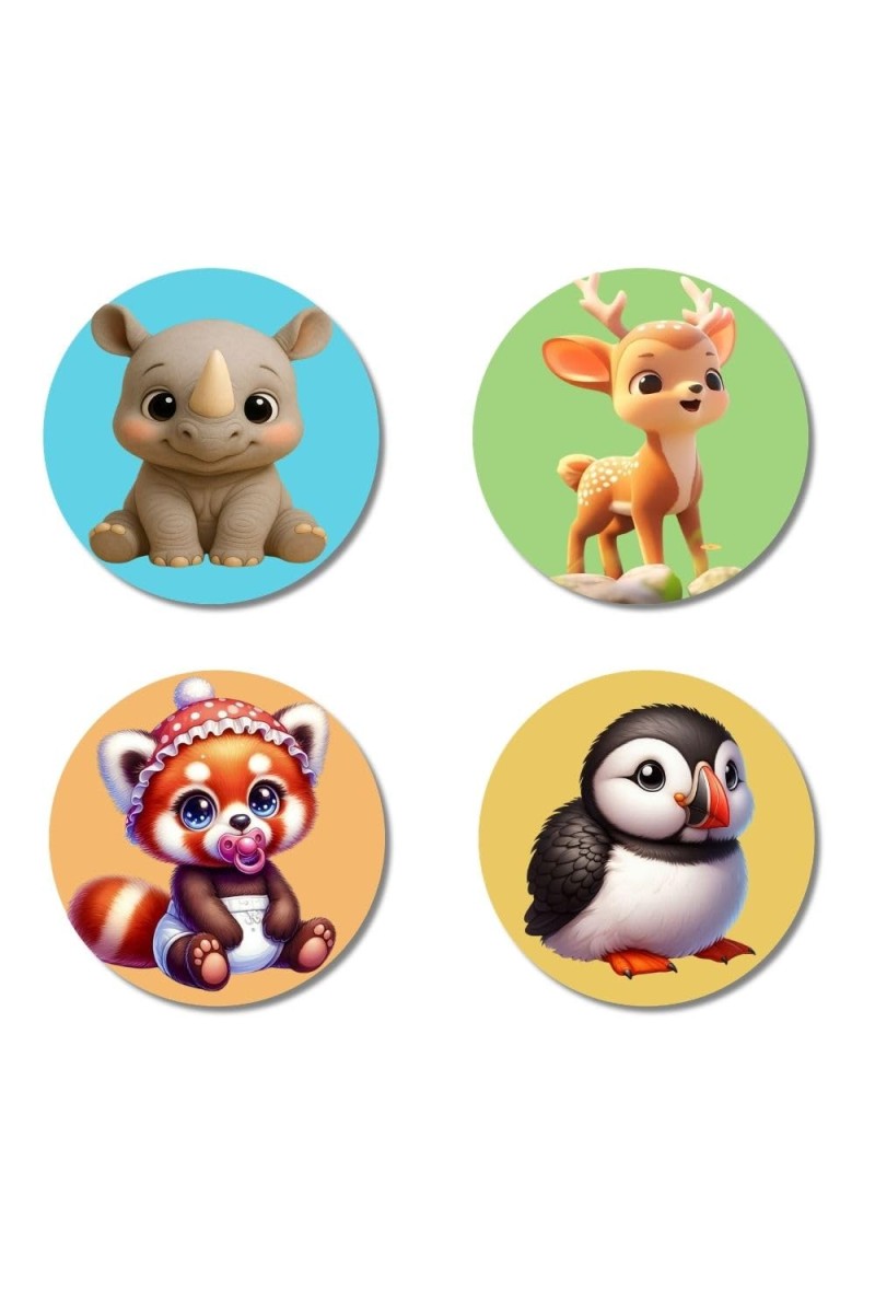 Rhino, Deer, Red Panda, and Puffin. Fridge Magnets 4 Piece Set | 3 Inch Round Wall Fridge Decor (F22873)