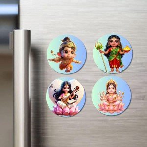 Hanuman, Durga, Saraswati, Lakshmi Fridge Magnets 4 Piece Set | 3 Inch Round Wall Fridge Decor (F23176)