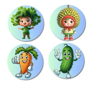 Kale, Durian, Carrot, Cucumber Fridge Magnets 4 Piece Set | 3 Inch Round Wall Fridge Decor (F23288)