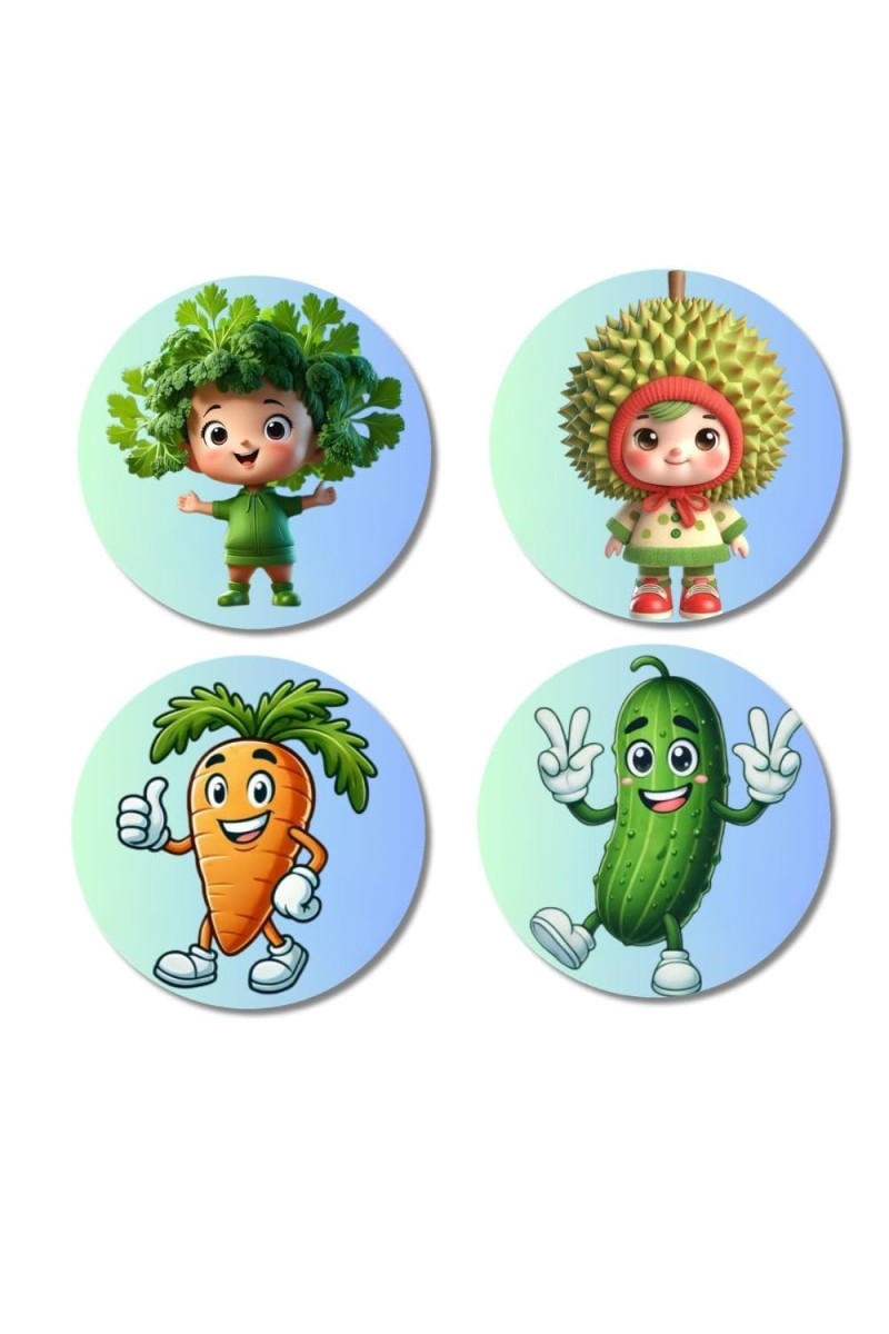 Kale, Durian, Carrot, Cucumber Fridge Magnets 4 Piece Set | 3 Inch Round Wall Fridge Decor (F23288)