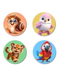 Snail, Bird, Tiger, and Parrot. Fridge Magnets 4 Piece Set | 3 Inch Round Wall Fridge Decor (F22986)