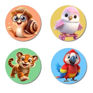 Snail, Bird, Tiger, and Parrot. Fridge Magnets 4 Piece Set | 3 Inch Round Wall Fridge Decor (F22986)