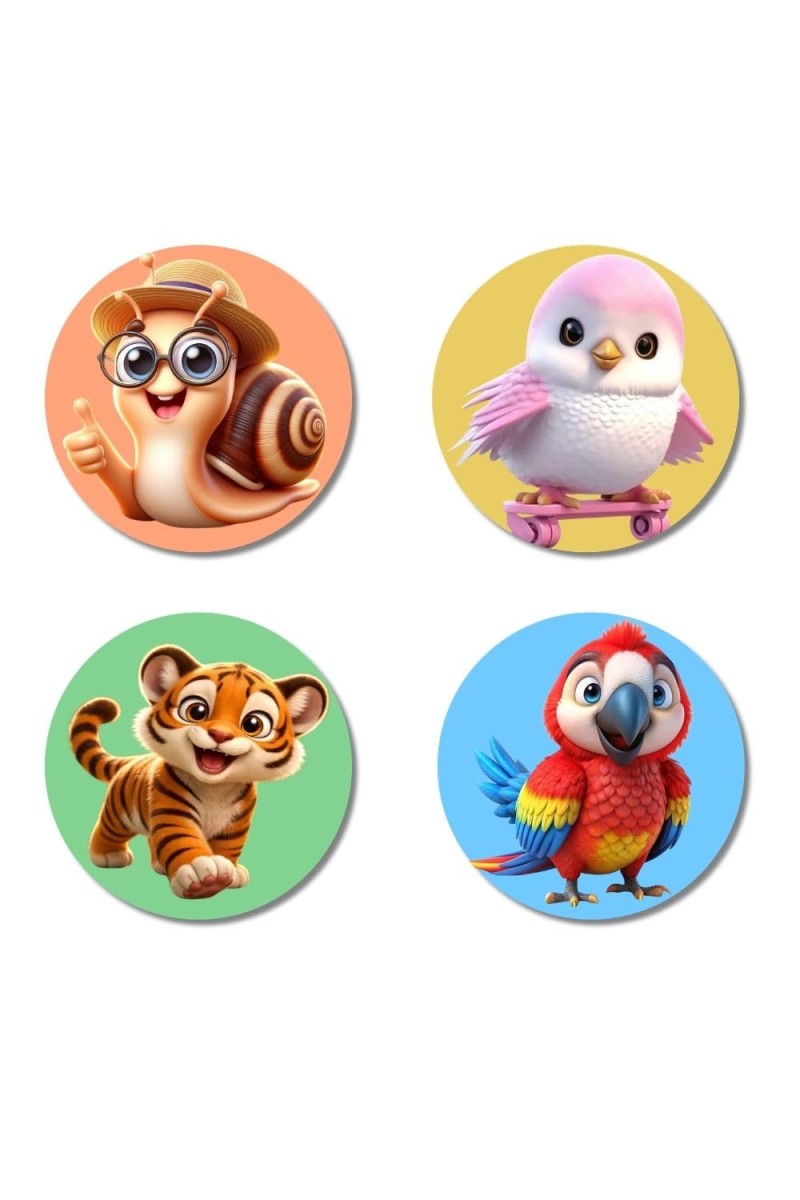 Snail, Bird, Tiger, and Parrot. Fridge Magnets 4 Piece Set | 3 Inch Round Wall Fridge Decor (F22986)